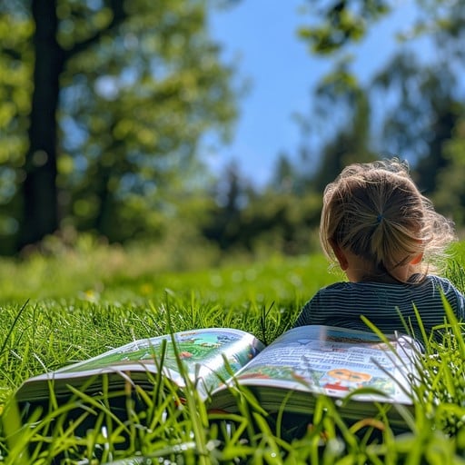 Child reading in the grass